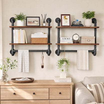 31.5" Industrial Pipe Floating Shelf with Towel Bar & Hooks