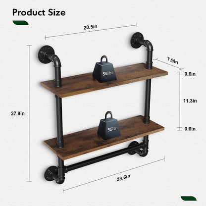 31.5" Industrial Pipe Floating Shelf with Towel Bar & Hooks