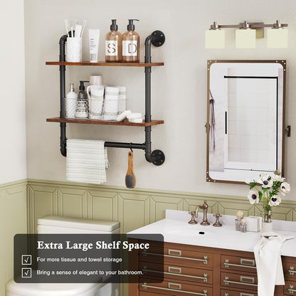 31.5" Industrial Pipe Floating Shelf with Towel Bar & Hooks