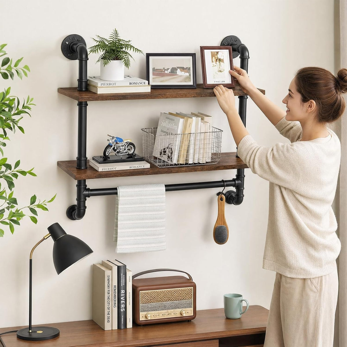 31.5" Industrial Pipe Floating Shelf with Towel Bar & Hooks