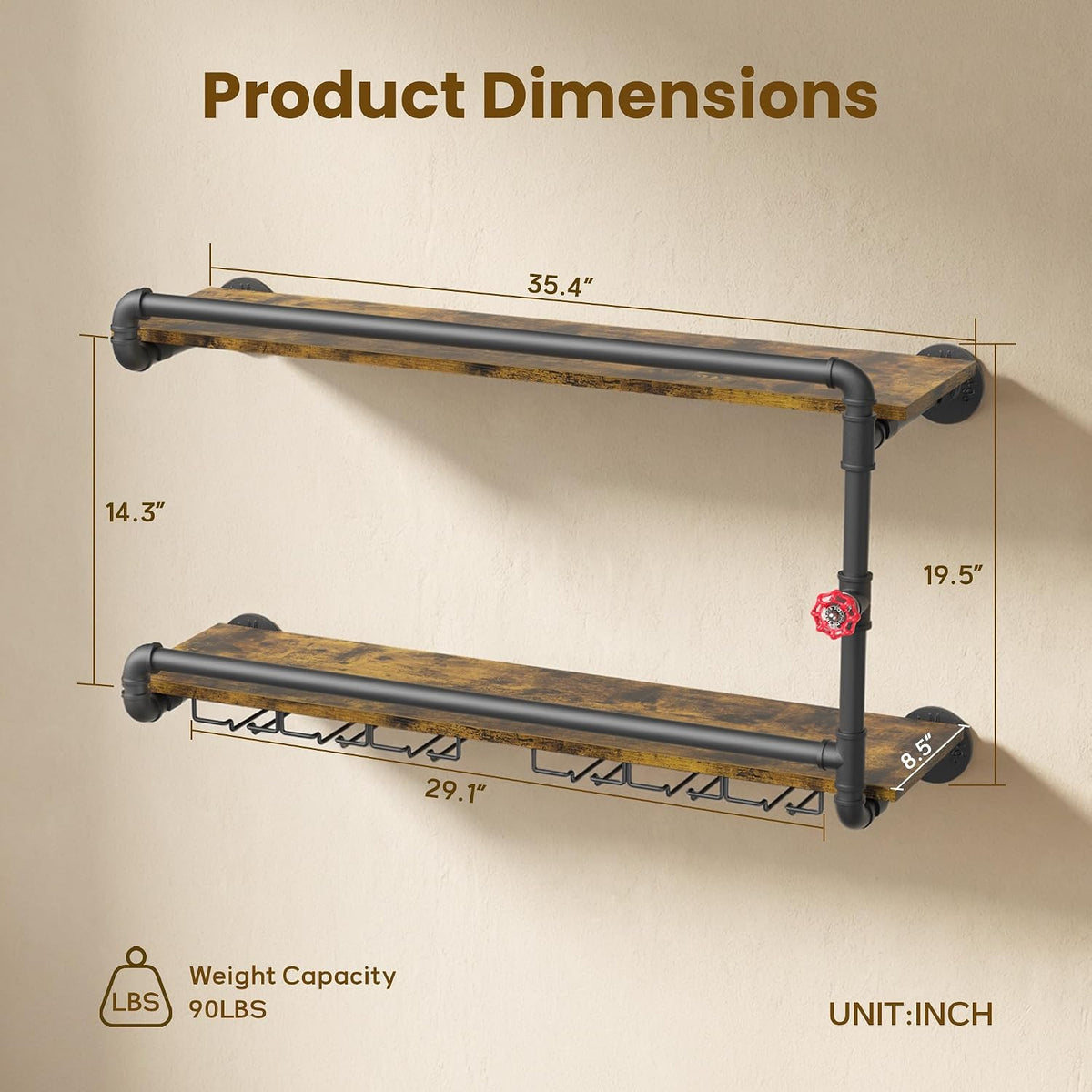 31.5" Industrial Pipe Floating Shelf with Towel Bar & Hooks