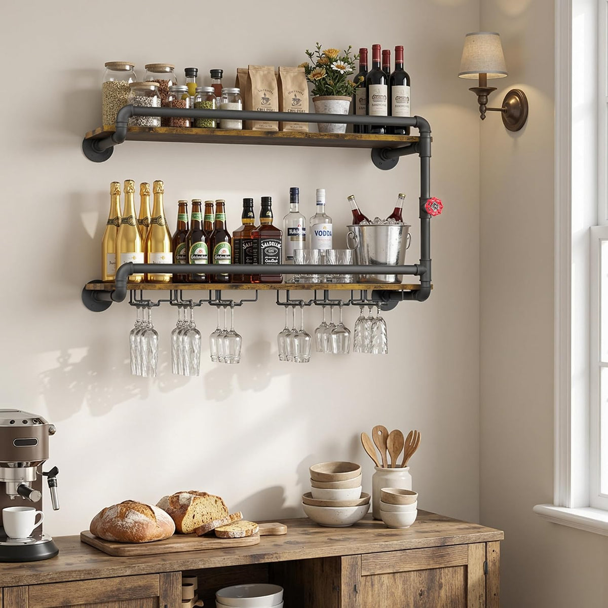 31.5" Industrial Pipe Floating Shelf with Towel Bar & Hooks