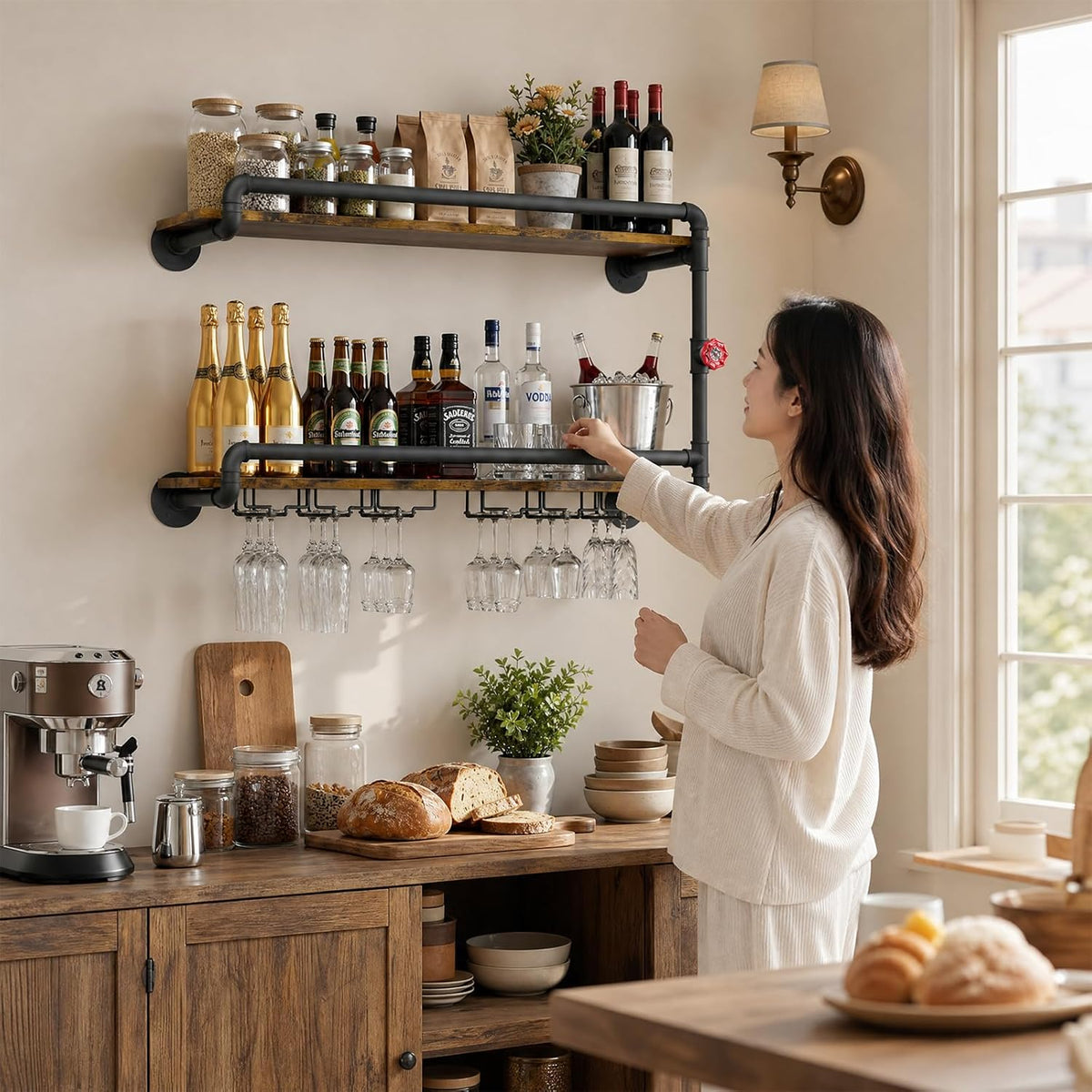 31.5" Industrial Pipe Floating Shelf with Towel Bar & Hooks