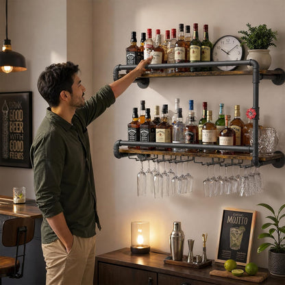 31.5" Industrial Pipe Floating Shelf with Towel Bar & Hooks