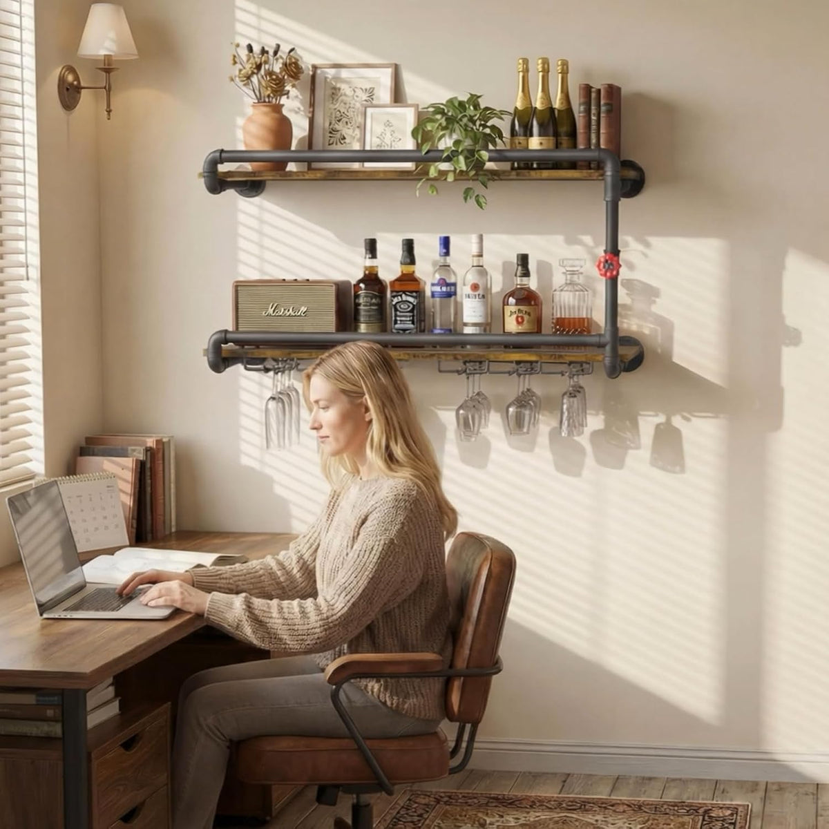 31.5" Industrial Pipe Floating Shelf with Towel Bar & Hooks
