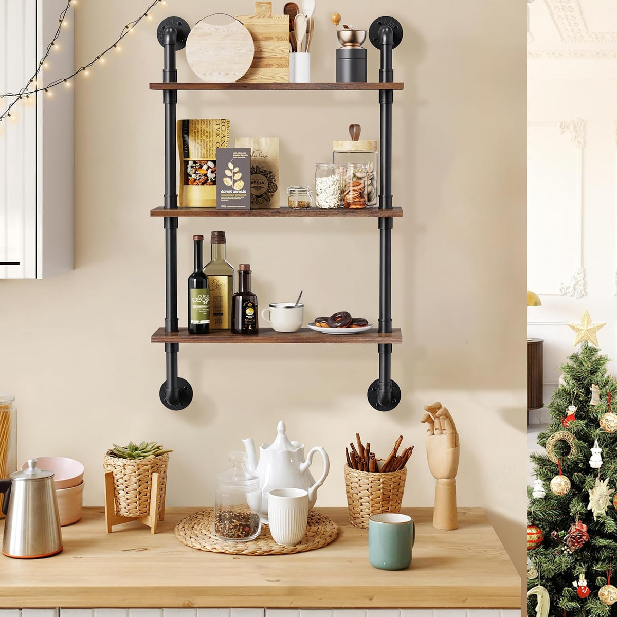 31.5" Industrial Pipe Floating Shelf with Towel Bar & Hooks