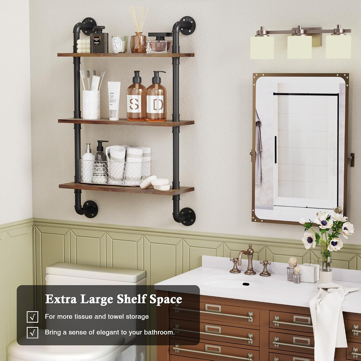 31.5" Industrial Pipe Floating Shelf with Towel Bar & Hooks