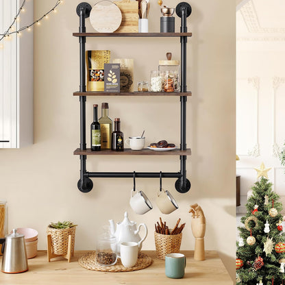 31.5" Industrial Pipe Floating Shelf with Towel Bar & Hooks