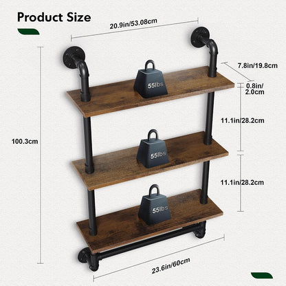 31.5" Industrial Pipe Floating Shelf with Towel Bar & Hooks