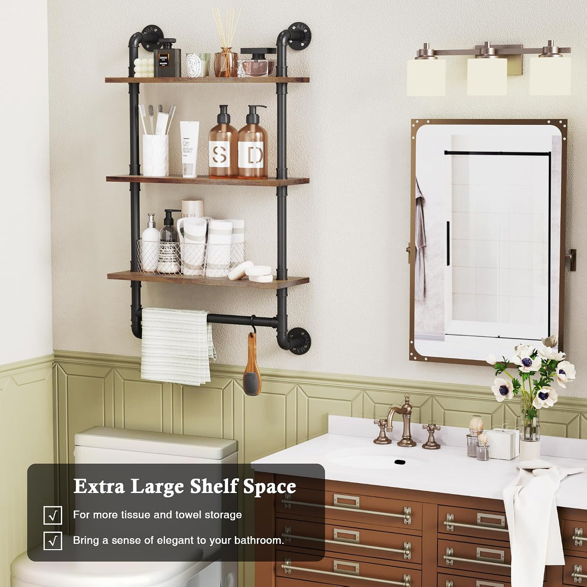 31.5" Industrial Pipe Floating Shelf with Towel Bar & Hooks
