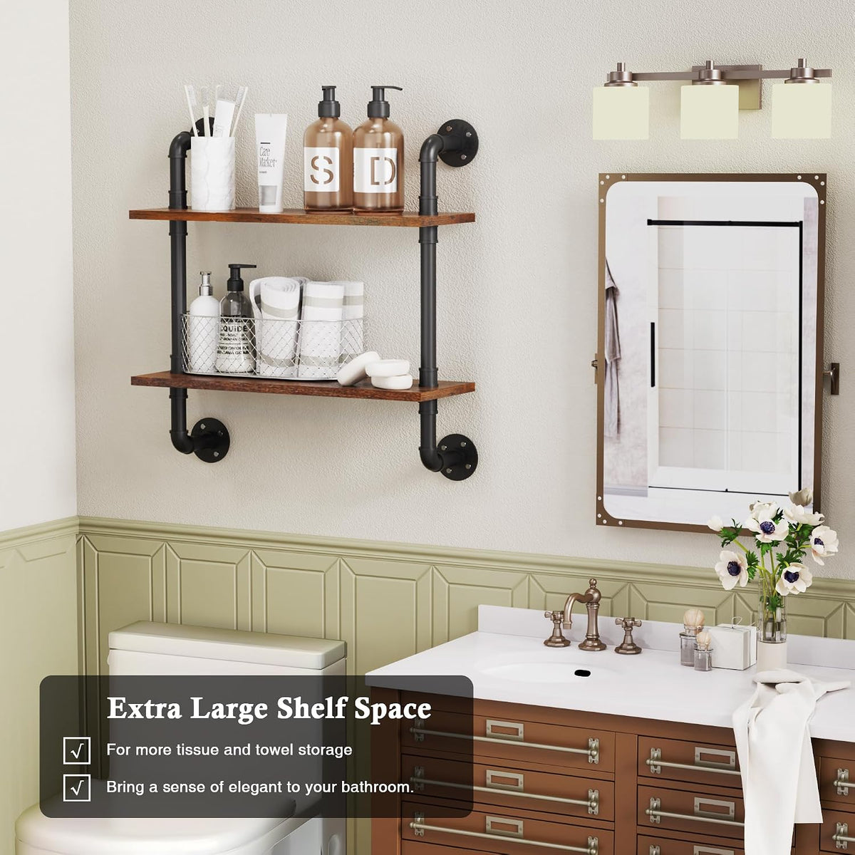 31.5" Industrial Pipe Floating Shelf with Towel Bar & Hooks