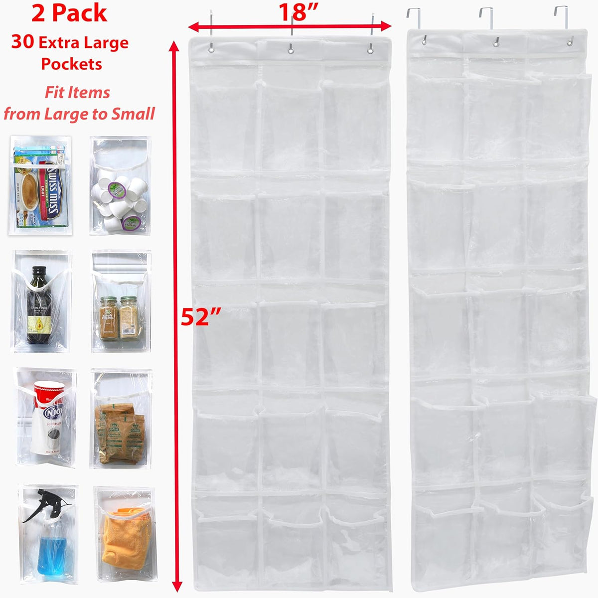 15 Pockets Clear Over the Door Pantry Organizer, 2 Pack | 52" x 18", Cabinet & Kitchen Hanging Storage