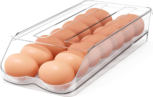 Egg Holder for Fridge,Automatic Rolling Egg Container for Refrigerator,2 Pack Clear Stackable 28-Count Egg Organizer with Lid, Fridge Organizers and Storage