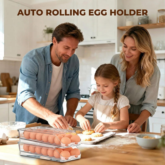 Egg Holder for Fridge,Automatic Rolling Egg Container for Refrigerator,2 Pack Clear Stackable 28-Count Egg Organizer with Lid, Fridge Organizers and Storage