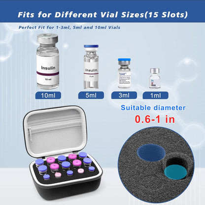 28 Slots Insulin Peptide Case for Fridge, Hard Storage Case with Ice Packs | Portable Diabetes Insulin Carrying Travel Organizer Case for 1ml 3ml 5ml 10ml Vials -16 Small Slots & 12 Adjustable Slots
