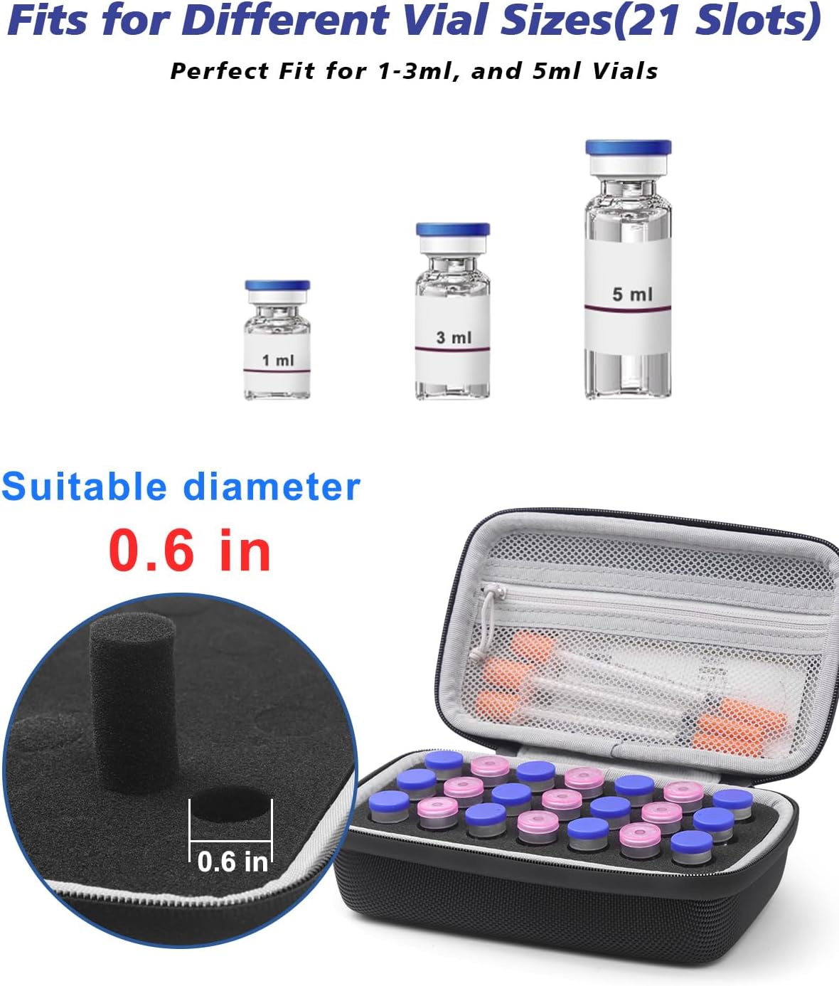 28 Slots Insulin Peptide Case for Fridge, Hard Storage Case with Ice Packs | Portable Diabetes Insulin Carrying Travel Organizer Case for 1ml 3ml 5ml 10ml Vials -16 Small Slots & 12 Adjustable Slots