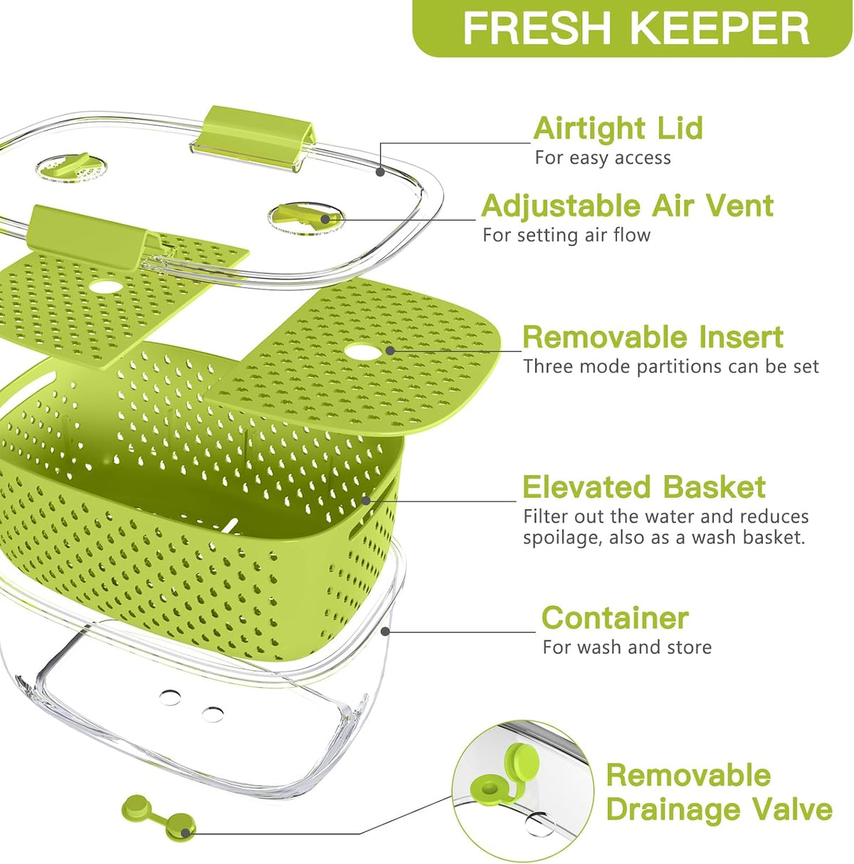 Fresh Produce Vegetable Fruit Storage Containers 3Piece Set, BPA-free Fridge Storage Container, Partitioned Salad Container, Fridge Organizers, Used in Storing Fruits Vegetables, Green