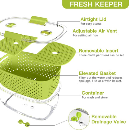 Fresh Produce Vegetable Fruit Storage Containers 3Piece Set, BPA-free Fridge Storage Container, Partitioned Salad Container, Fridge Organizers, Used in Storing Fruits Vegetables, Green