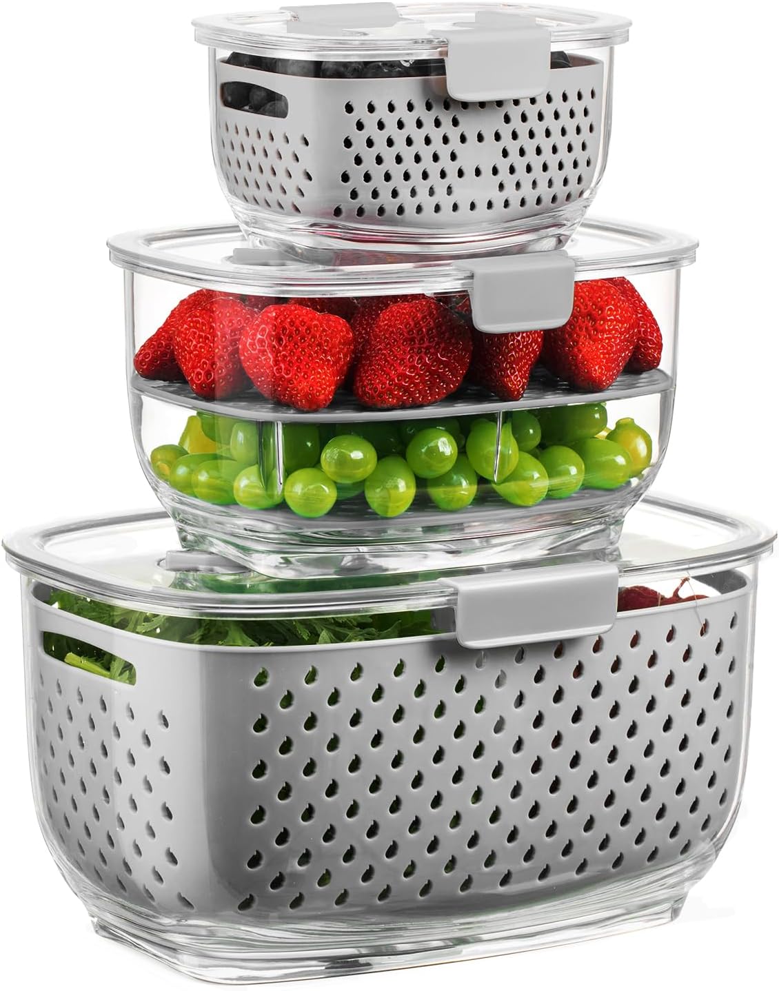 Fresh Produce Vegetable Fruit Storage Containers 3Piece Set, BPA-free Fridge Storage Container, Partitioned Salad Container, Fridge Organizers, Used in Storing Fruits Vegetables, Green