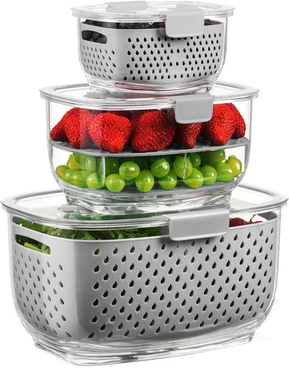 Fresh Produce Vegetable Fruit Storage Containers 3Piece Set, BPA-free Fridge Storage Container, Partitioned Salad Container, Fridge Organizers, Used in Storing Fruits Vegetables, Green