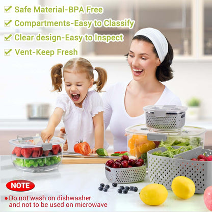 Fresh Produce Vegetable Fruit Storage Containers 3Piece Set, BPA-free Fridge Storage Container, Partitioned Salad Container, Fridge Organizers, Used in Storing Fruits Vegetables, Green