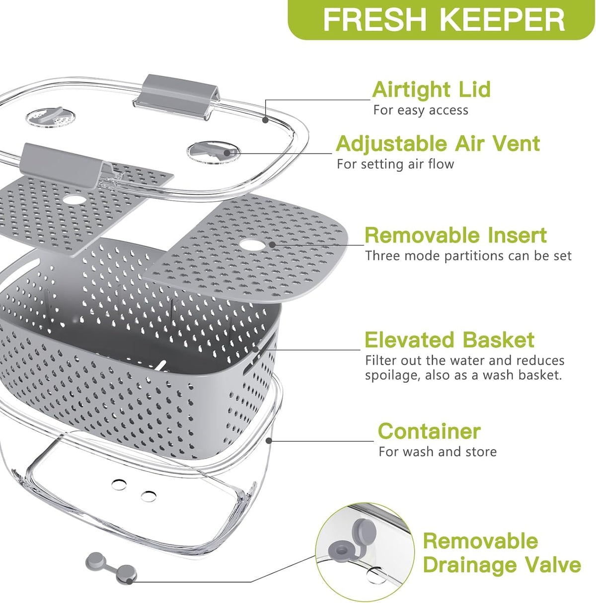 Fresh Produce Vegetable Fruit Storage Containers 3Piece Set, BPA-free Fridge Storage Container, Partitioned Salad Container, Fridge Organizers, Used in Storing Fruits Vegetables, Green