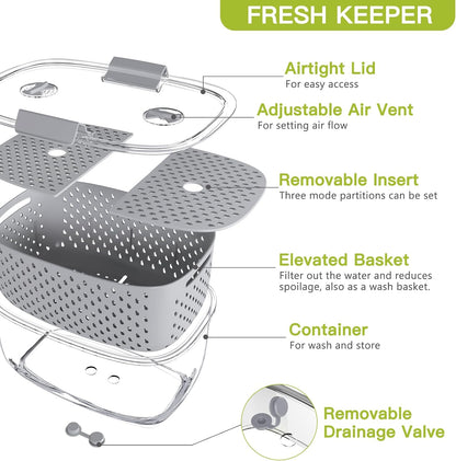 Fresh Produce Vegetable Fruit Storage Containers 3Piece Set, BPA-free Fridge Storage Container, Partitioned Salad Container, Fridge Organizers, Used in Storing Fruits Vegetables, Green