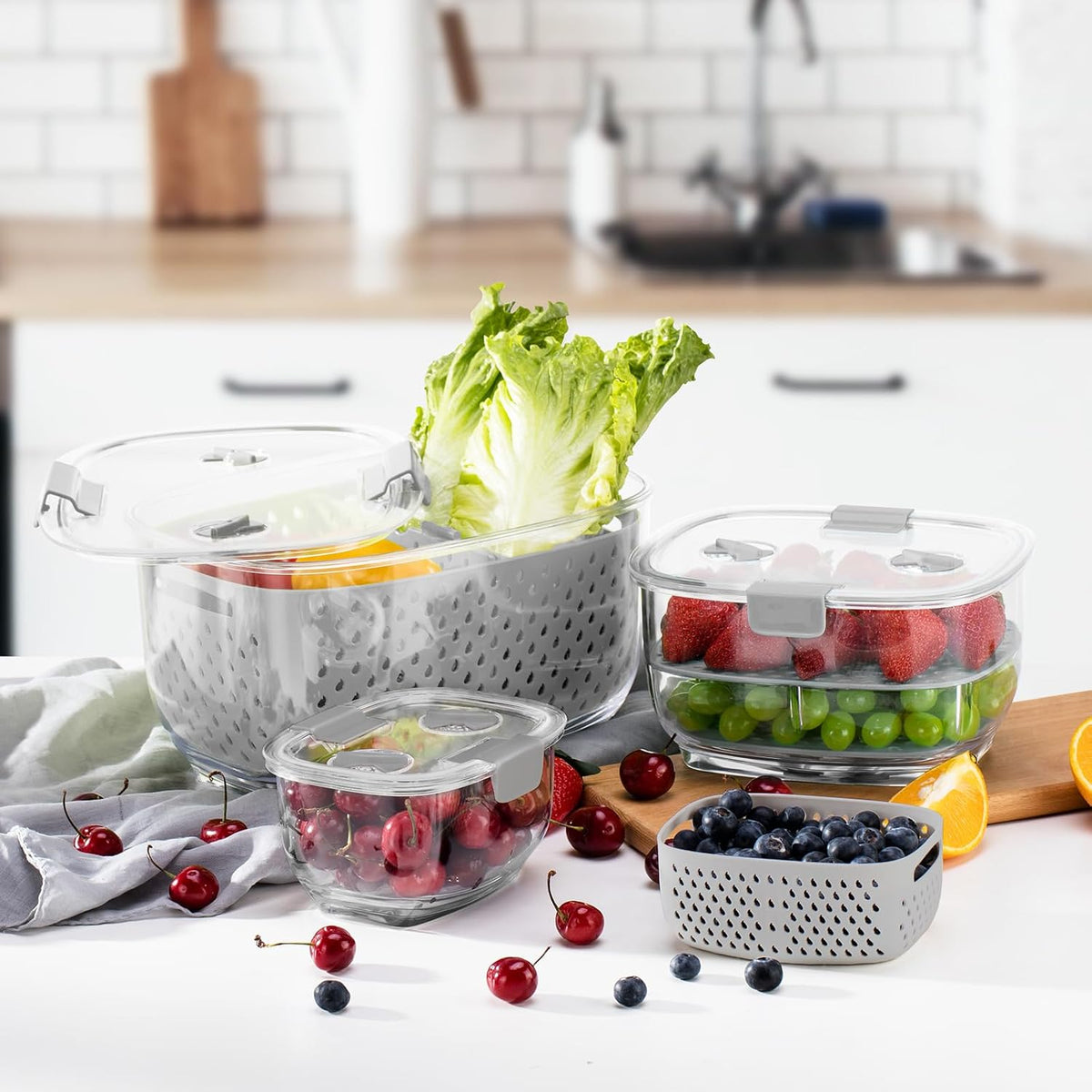Fresh Produce Vegetable Fruit Storage Containers 3Piece Set, BPA-free Fridge Storage Container, Partitioned Salad Container, Fridge Organizers, Used in Storing Fruits Vegetables, Green