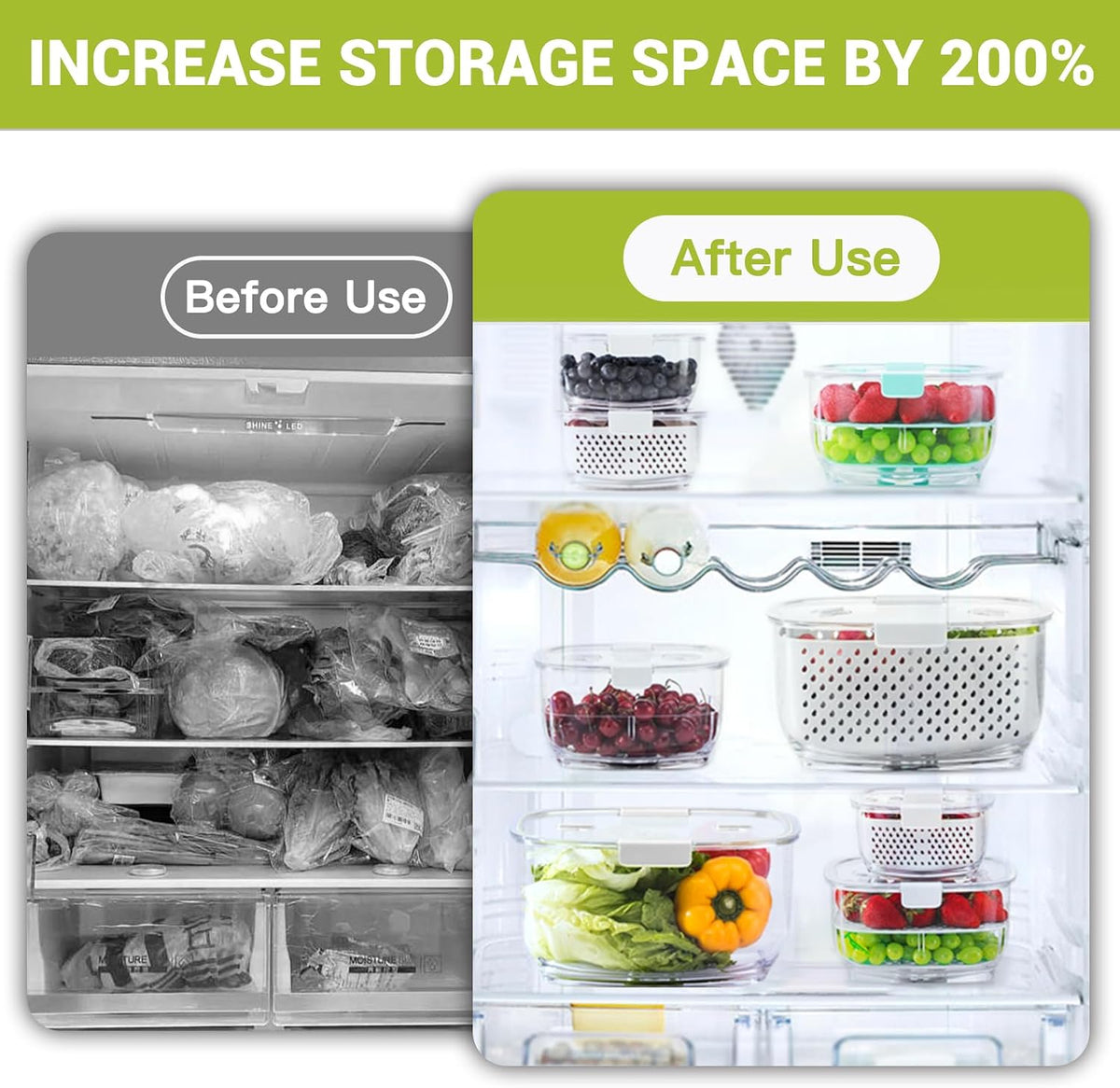 Fresh Produce Vegetable Fruit Storage Containers 3Piece Set, BPA-free Fridge Storage Container, Partitioned Salad Container, Fridge Organizers, Used in Storing Fruits Vegetables, Green
