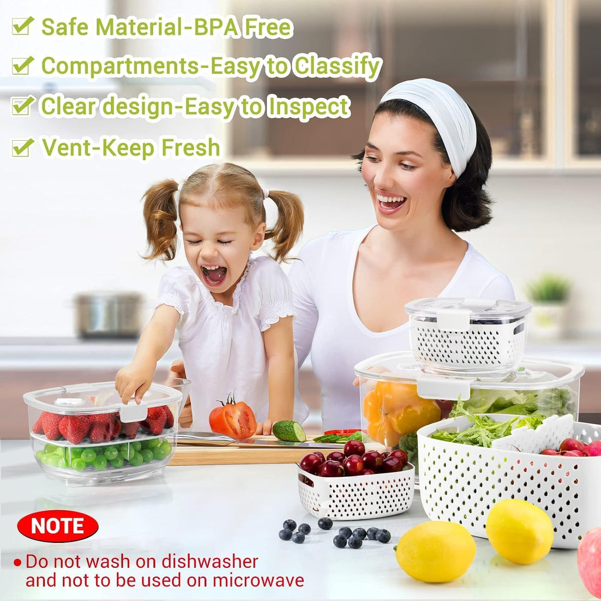 Fresh Produce Vegetable Fruit Storage Containers 3Piece Set, BPA-free Fridge Storage Container, Partitioned Salad Container, Fridge Organizers, Used in Storing Fruits Vegetables, Green