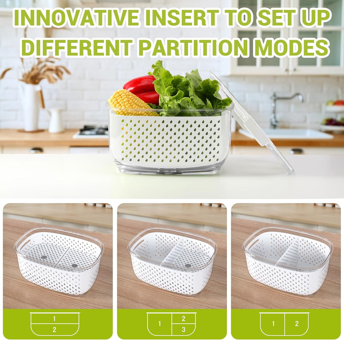 Fresh Produce Vegetable Fruit Storage Containers 3Piece Set, BPA-free Fridge Storage Container, Partitioned Salad Container, Fridge Organizers, Used in Storing Fruits Vegetables, Green