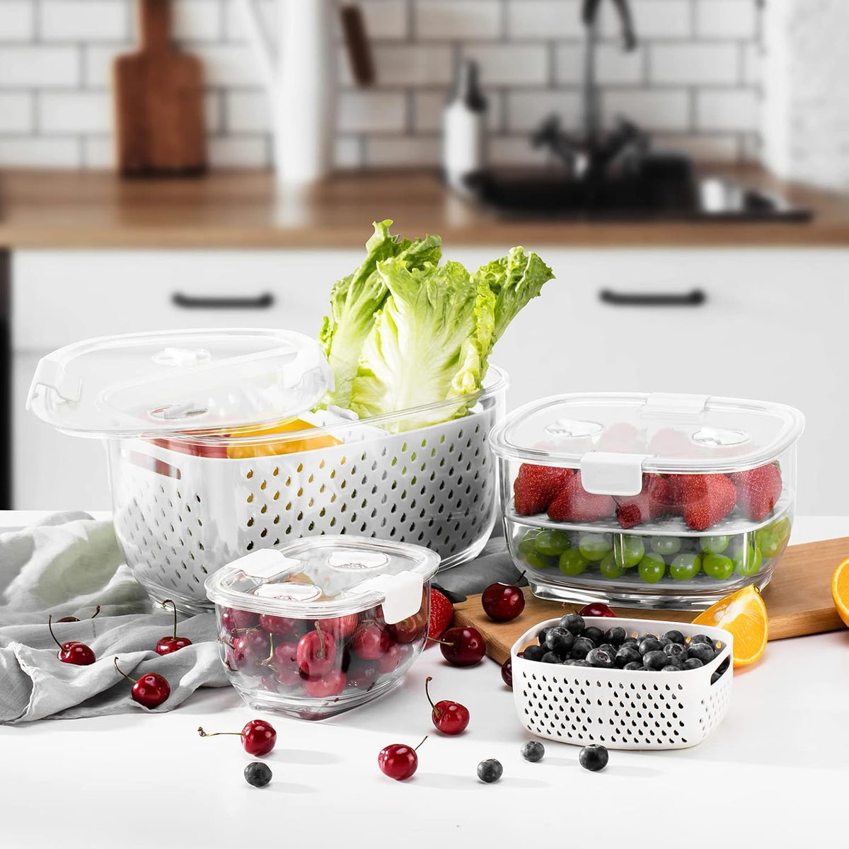 Fresh Produce Vegetable Fruit Storage Containers 3Piece Set, BPA-free Fridge Storage Container, Partitioned Salad Container, Fridge Organizers, Used in Storing Fruits Vegetables, Green