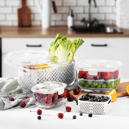 Fresh Produce Vegetable Fruit Storage Containers 3Piece Set, BPA-free Fridge Storage Container, Partitioned Salad Container, Fridge Organizers, Used in Storing Fruits Vegetables, Green