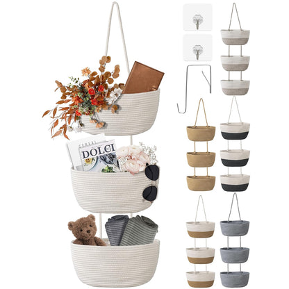 3 Tier Wall Mounted Woven Hanging Basket, Over the Door Hanging Basket with Hooks, Decorative Storage Hanging Closet Removable, Large Wall Basket for Living Room, Bedroom, Kitchen (Brown)