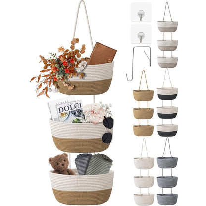 3 Tier Wall Mounted Woven Hanging Basket, Over the Door Hanging Basket with Hooks, Decorative Storage Hanging Closet Removable, Large Wall Basket for Living Room, Bedroom, Kitchen (Brown)