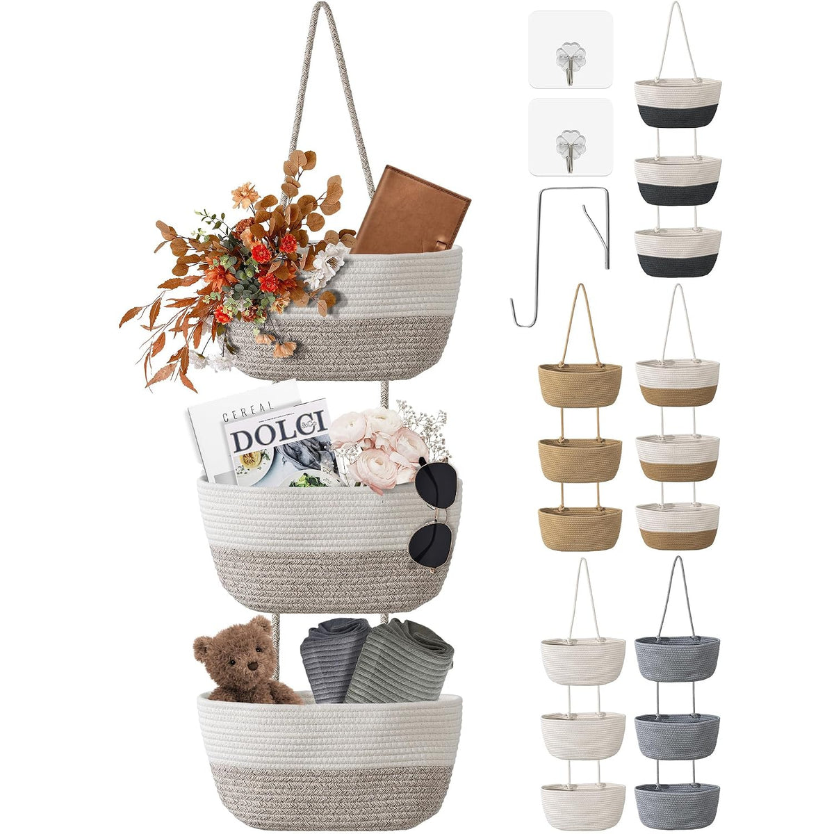 3 Tier Wall Mounted Woven Hanging Basket, Over the Door Hanging Basket with Hooks, Decorative Storage Hanging Closet Removable, Large Wall Basket for Living Room, Bedroom, Kitchen (Brown)