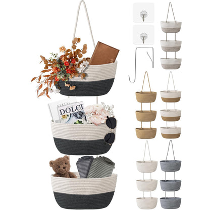 3 Tier Wall Mounted Woven Hanging Basket, Over the Door Hanging Basket with Hooks, Decorative Storage Hanging Closet Removable, Large Wall Basket for Living Room, Bedroom, Kitchen (Brown)
