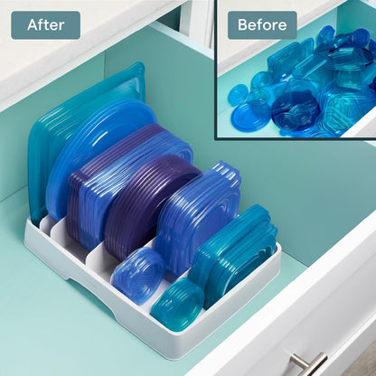 StoraLid Food Container Lid Organizer for Kitchen Cabinet Storage with 5 Adjustable Dividers, 10.5''D × 13.4''W × 3.3''H, Large Classic Edition, White