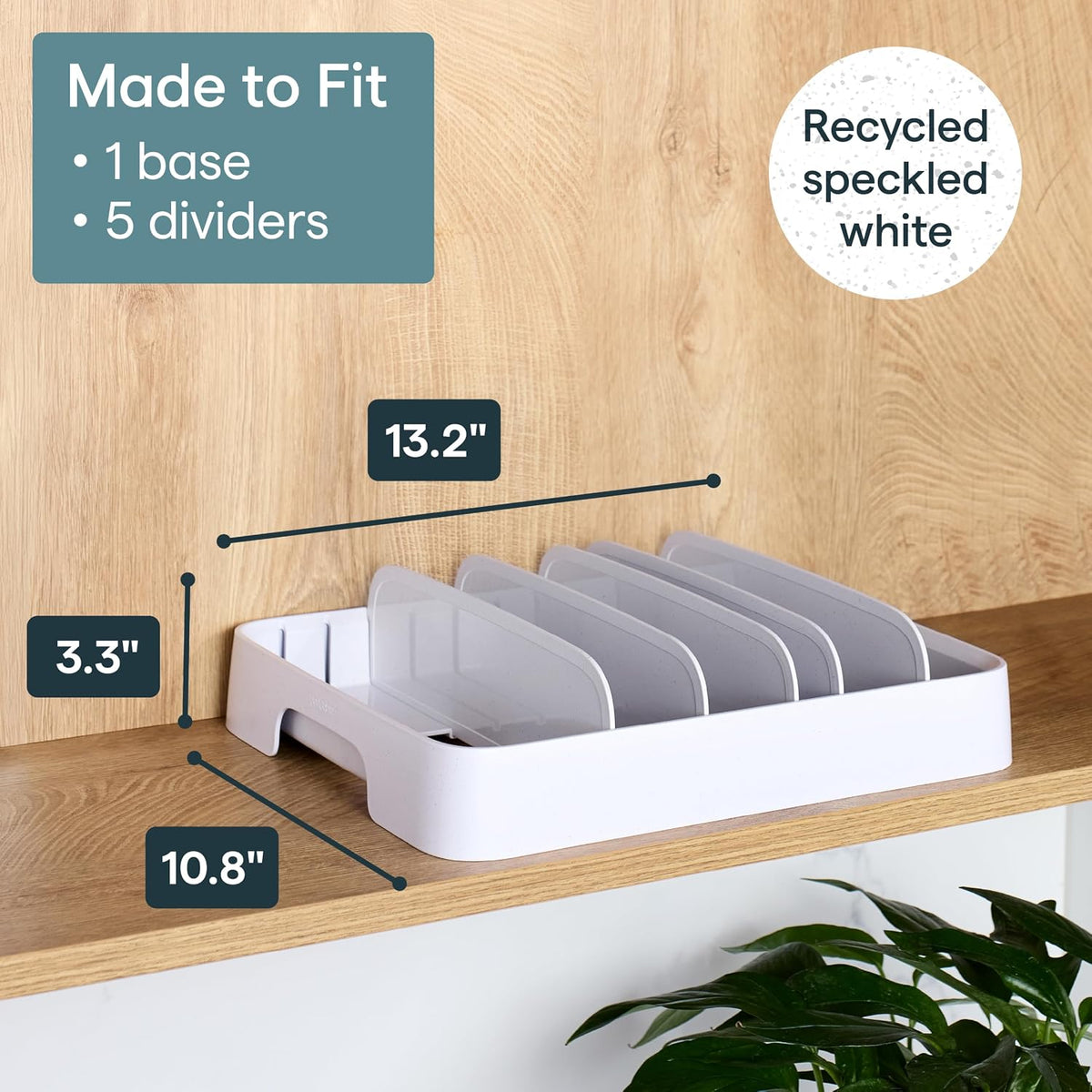 StoraLid Food Container Lid Organizer for Kitchen Cabinet Storage with 5 Adjustable Dividers, 10.5''D × 13.4''W × 3.3''H, Large Classic Edition, White