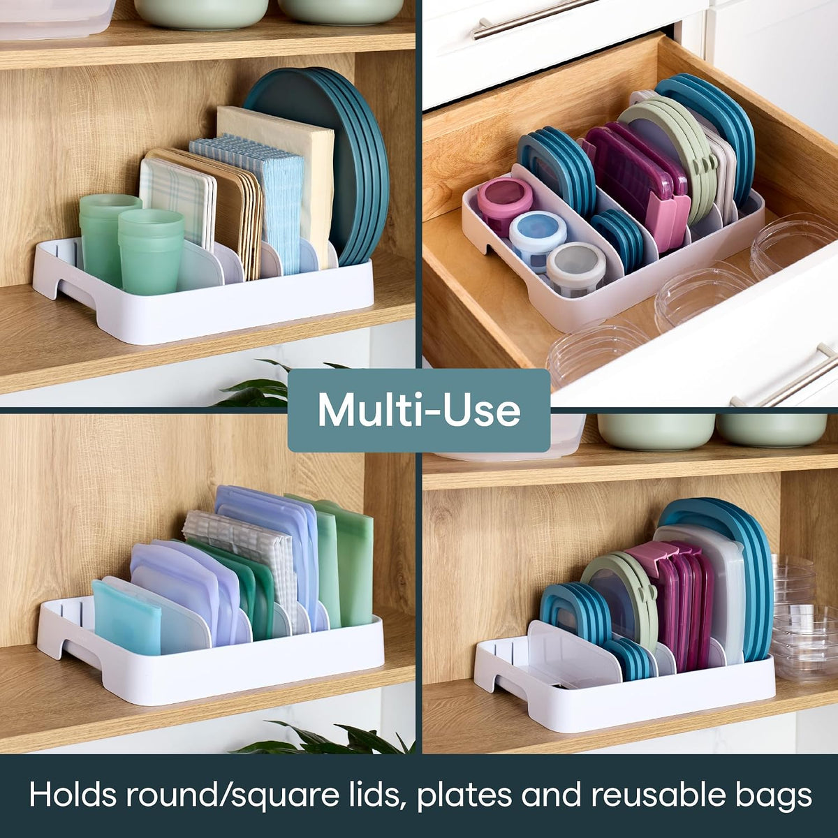 StoraLid Food Container Lid Organizer for Kitchen Cabinet Storage with 5 Adjustable Dividers, 10.5''D × 13.4''W × 3.3''H, Large Classic Edition, White