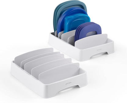 StoraLid Food Container Lid Organizer for Kitchen Cabinet Storage with 5 Adjustable Dividers, 10.5''D × 13.4''W × 3.3''H, Large Classic Edition, White