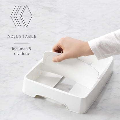 StoraLid Food Container Lid Organizer for Kitchen Cabinet Storage with 5 Adjustable Dividers, 10.5''D × 13.4''W × 3.3''H, Large Classic Edition, White