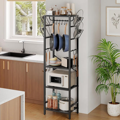 4-Tier Pot Rack, Pots and Pans Organizer for Kitchen Corner, Kitchen Storage Rack with U-Shaped Lid Holders, Freestanding Cookware Stand, Rustic Brown and Black POHR3001