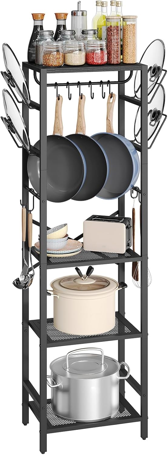 4-Tier Pot Rack, Pots and Pans Organizer for Kitchen Corner, Kitchen Storage Rack with U-Shaped Lid Holders, Freestanding Cookware Stand, Rustic Brown and Black POHR3001