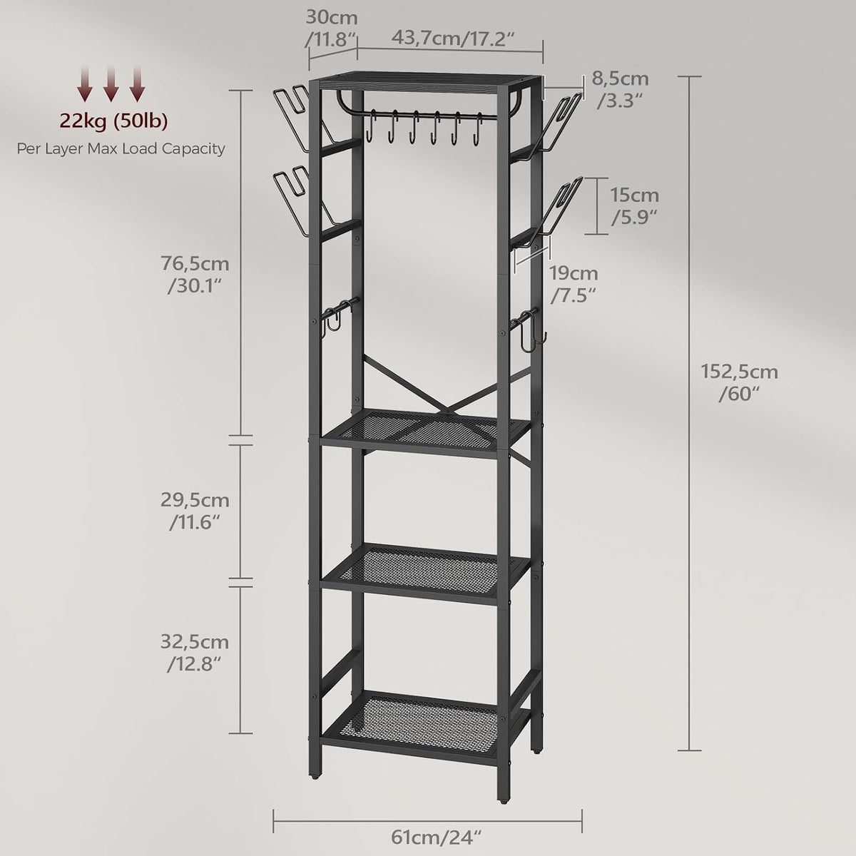 4-Tier Pot Rack, Pots and Pans Organizer for Kitchen Corner, Kitchen Storage Rack with U-Shaped Lid Holders, Freestanding Cookware Stand, Rustic Brown and Black POHR3001