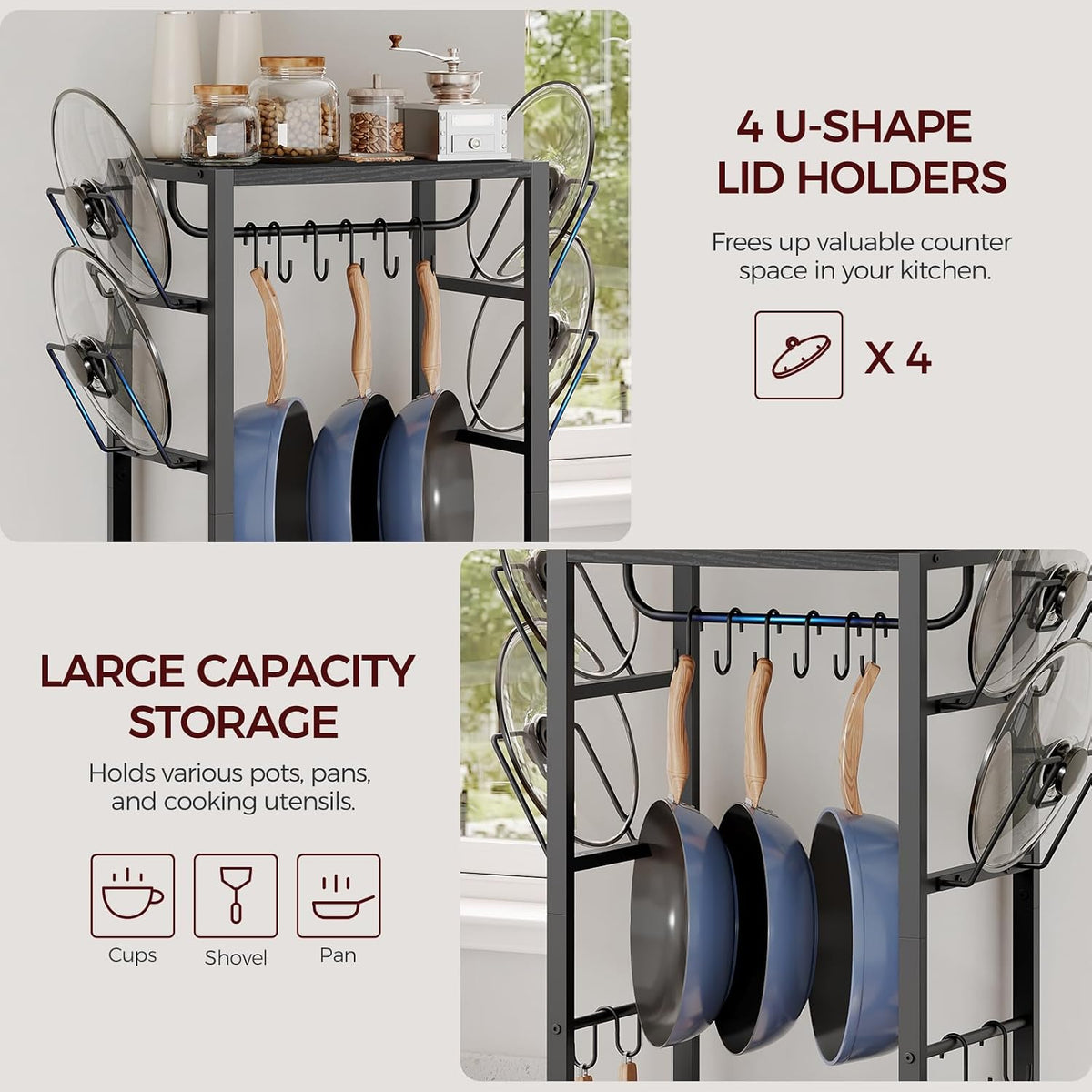 4-Tier Pot Rack, Pots and Pans Organizer for Kitchen Corner, Kitchen Storage Rack with U-Shaped Lid Holders, Freestanding Cookware Stand, Rustic Brown and Black POHR3001