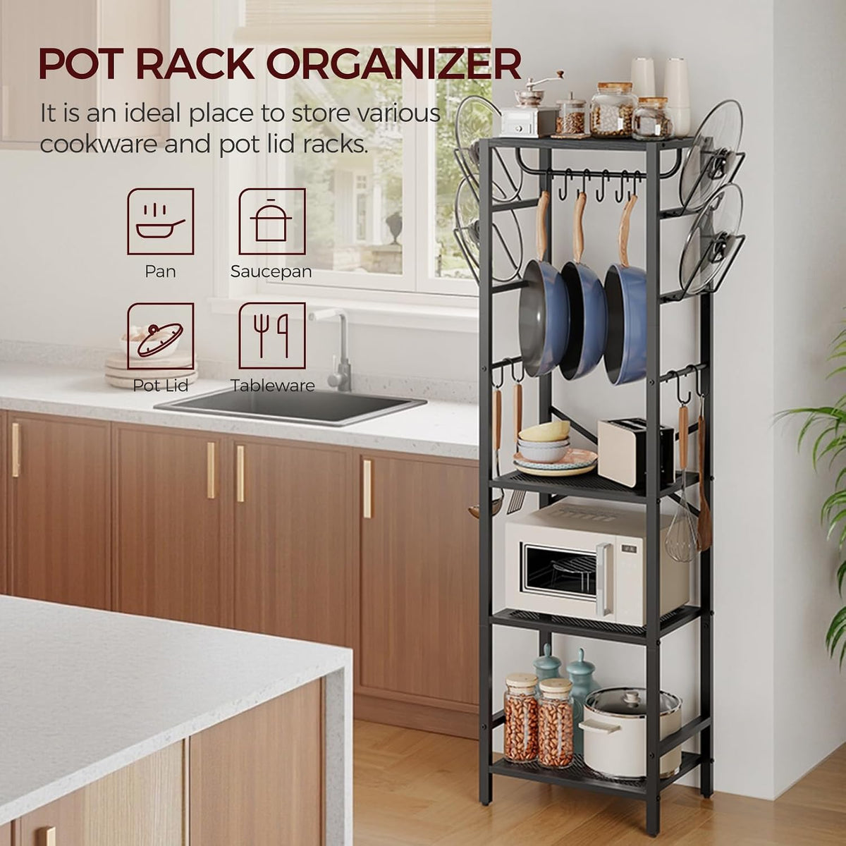 4-Tier Pot Rack, Pots and Pans Organizer for Kitchen Corner, Kitchen Storage Rack with U-Shaped Lid Holders, Freestanding Cookware Stand, Rustic Brown and Black POHR3001
