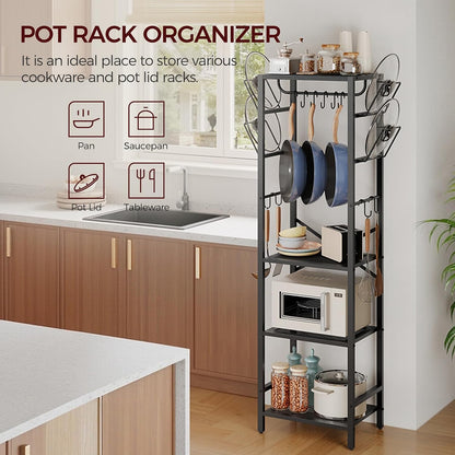 4-Tier Pot Rack, Pots and Pans Organizer for Kitchen Corner, Kitchen Storage Rack with U-Shaped Lid Holders, Freestanding Cookware Stand, Rustic Brown and Black POHR3001