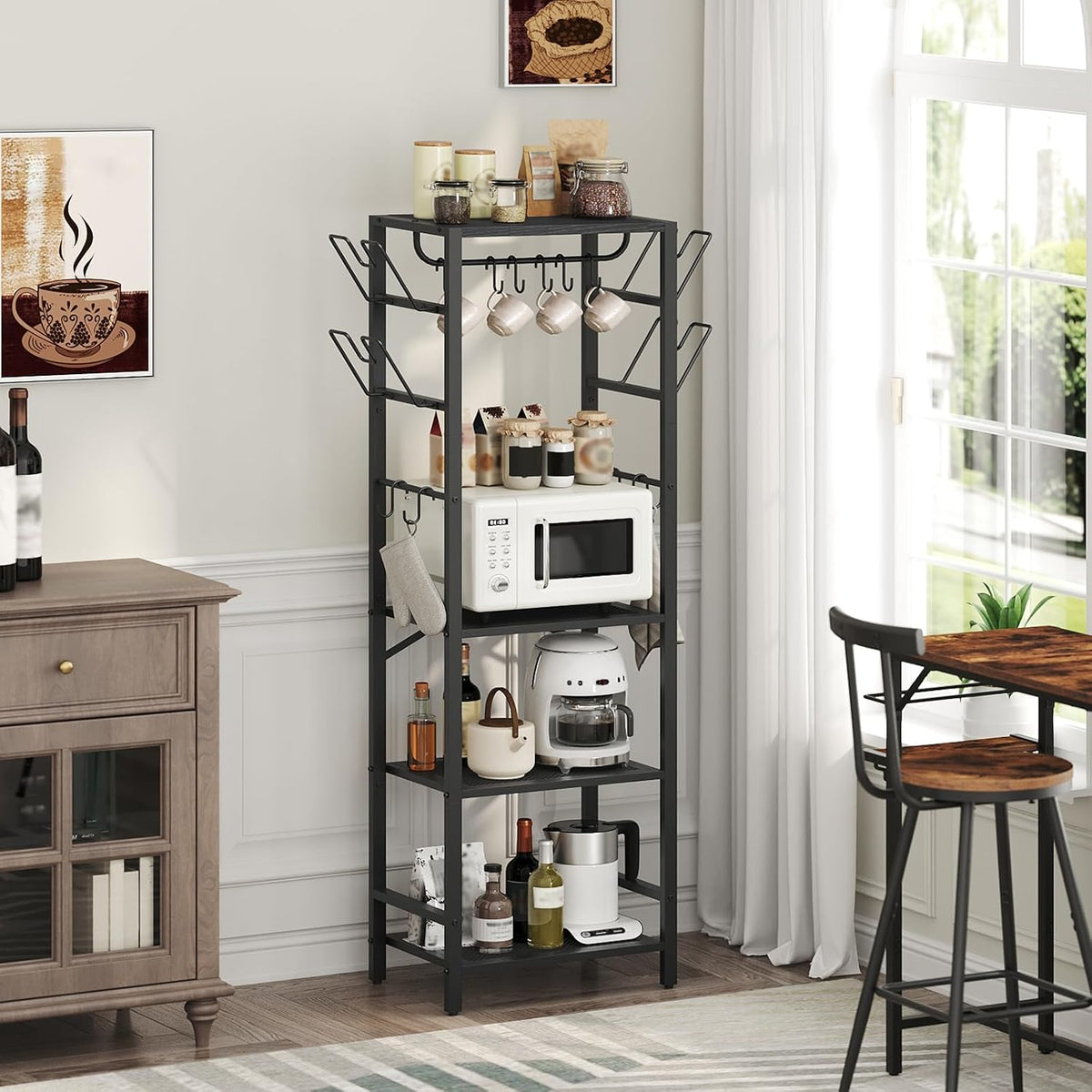 4-Tier Pot Rack, Pots and Pans Organizer for Kitchen Corner, Kitchen Storage Rack with U-Shaped Lid Holders, Freestanding Cookware Stand, Rustic Brown and Black POHR3001