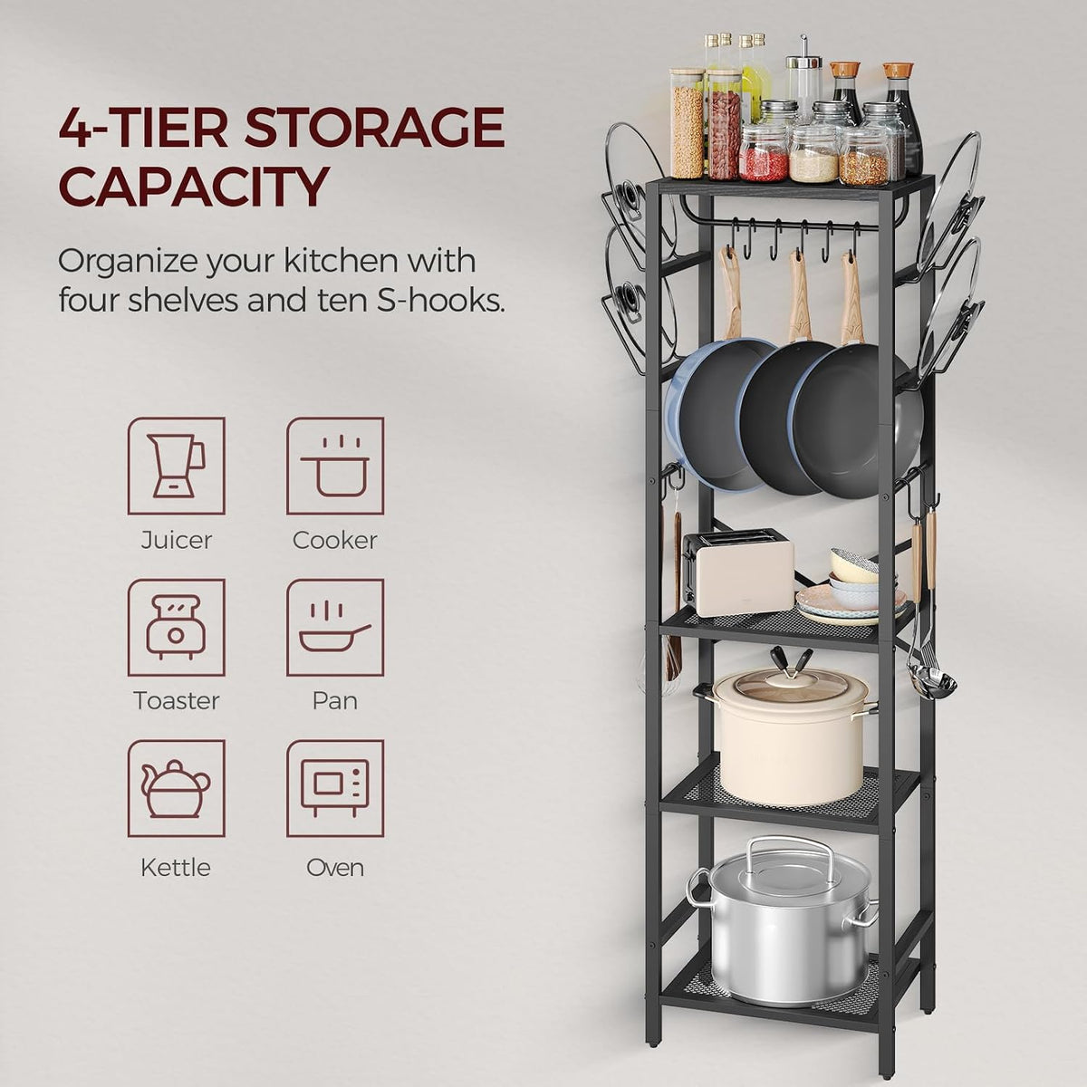 4-Tier Pot Rack, Pots and Pans Organizer for Kitchen Corner, Kitchen Storage Rack with U-Shaped Lid Holders, Freestanding Cookware Stand, Rustic Brown and Black POHR3001